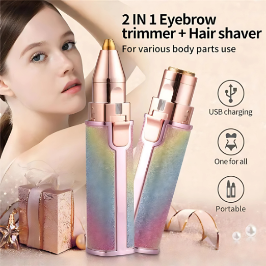 2-in-1 eyebrow trimmer and hair shaver with USB charging feature on a beige background.