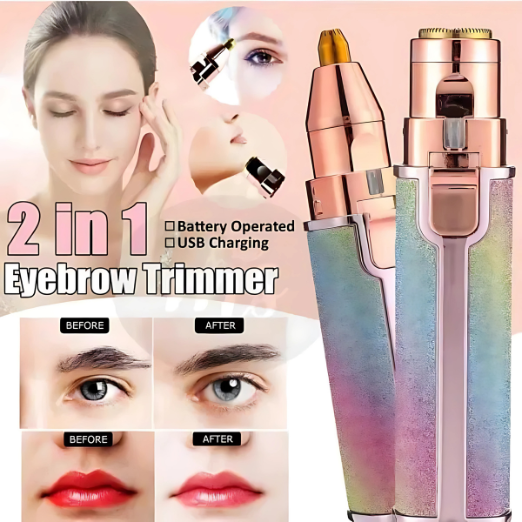 2-in-1 eyebrow trimmer and hair shaver with USB charging feature on a beige background.