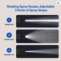 Advertisement for a rotating spray nozzle with three spray shapes on a dark background.