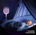 Baby sleeping in a crib with a purple light on a stand, labeled 'Guarding A Good Sleep'.