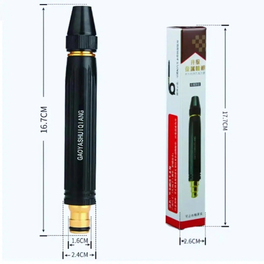 Black and gold pen-like device with measurements and packaging on a white background