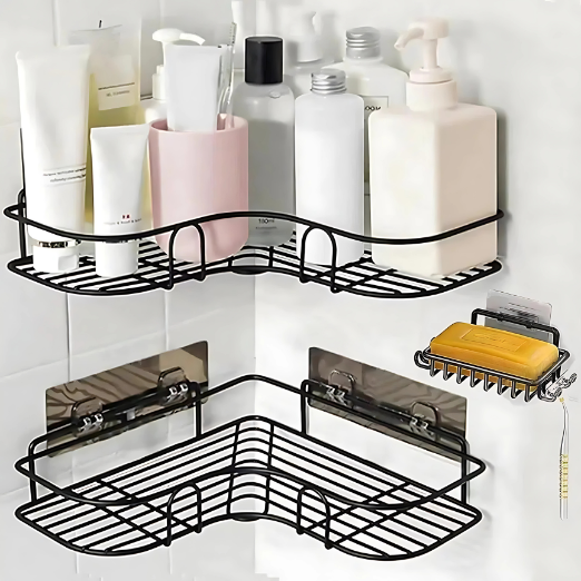 Black corner shower caddy with soap dish and shampoo bottles on a tiled wall.