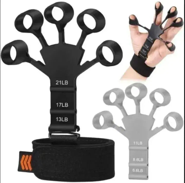 Black finger exerciser with weight indicators and a hand using it, alongside a gray version of the exerciser.