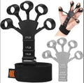 Black finger exerciser with weight indicators and a hand using it, alongside a gray version of the exerciser.