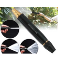 Black garden hose nozzle with gold accents and water spray patterns, brand 'GAOYASHU' visible.