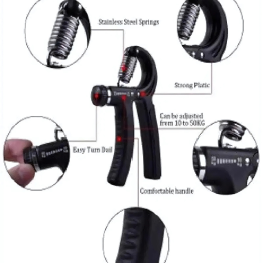 Hand grip strengthener being used with text indicating hand rehabilitation and grip strength improvement.