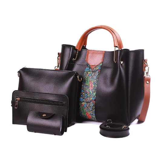 Black handbag with floral detail and matching pouch 