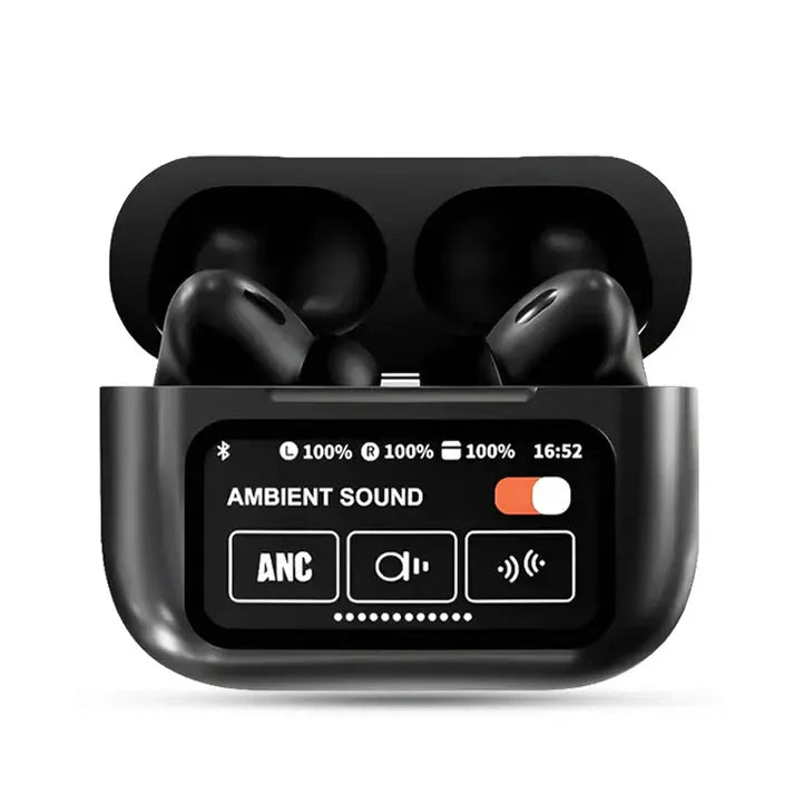 White wireless earbuds in a charging case with digital display on a white background