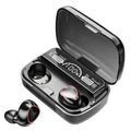 Black wireless earbuds with charging case on a white background