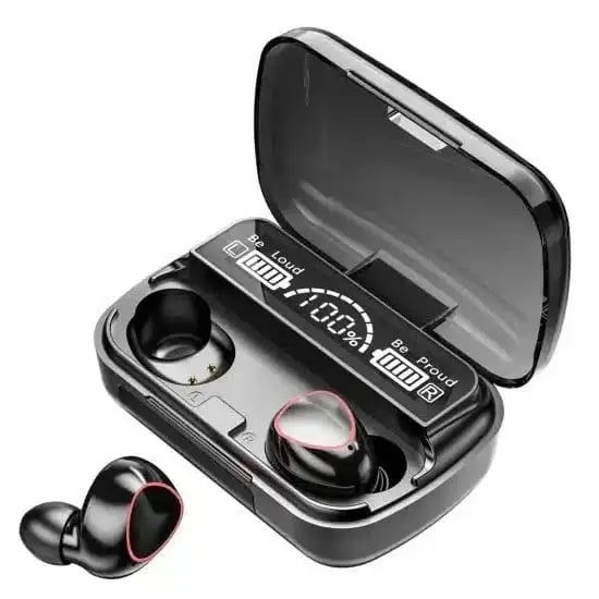 Black wireless earbuds with charging case on a white background
