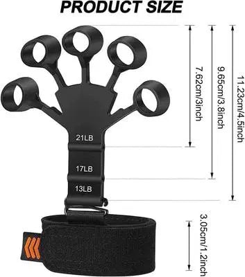 Black finger exerciser with weight indicators and a hand using it, alongside a gray version of the exerciser.