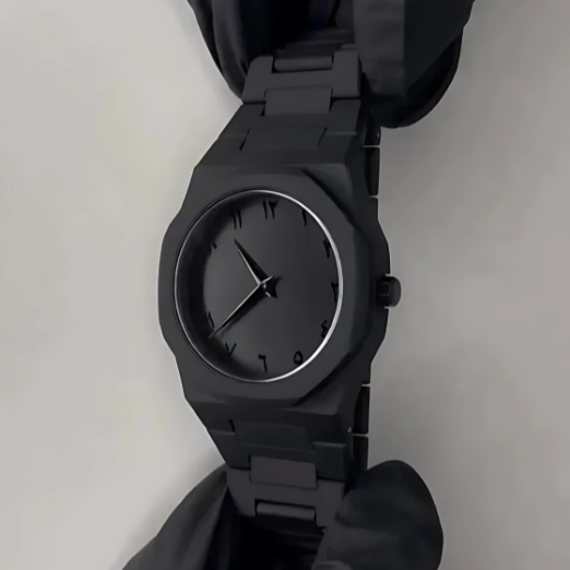 Black wristwatch on a light gray background