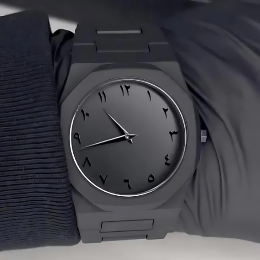 Black wristwatch with a dark strap