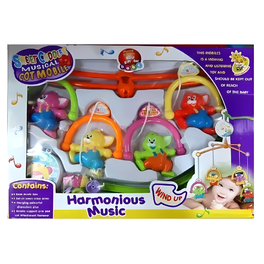 Box of a baby musical toy with colorful animals and harmonious music text.