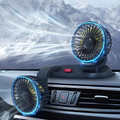 Car-mounted fan with blue light on a car dashboard