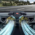 Car air freshener with fan blowing air, road visible through windshield