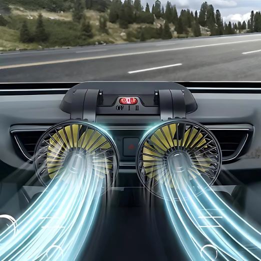 Car air freshener with fan blowing air, road visible through windshield