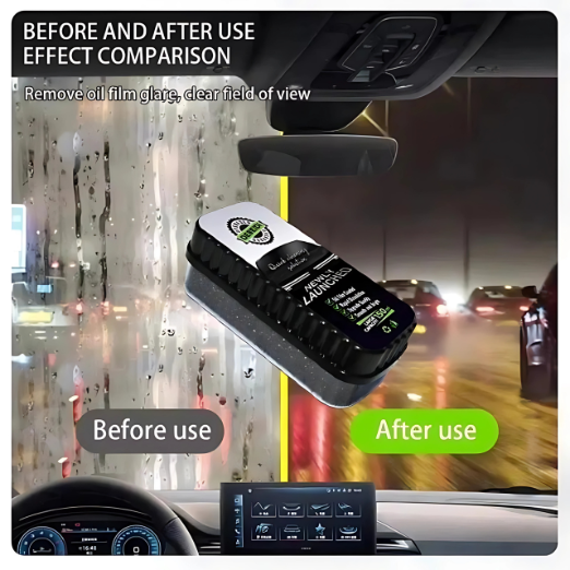 Car window cleaning device showing before and after effect on a car's windshield.