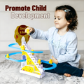 Child playing with a toy track set on a light-colored surface.