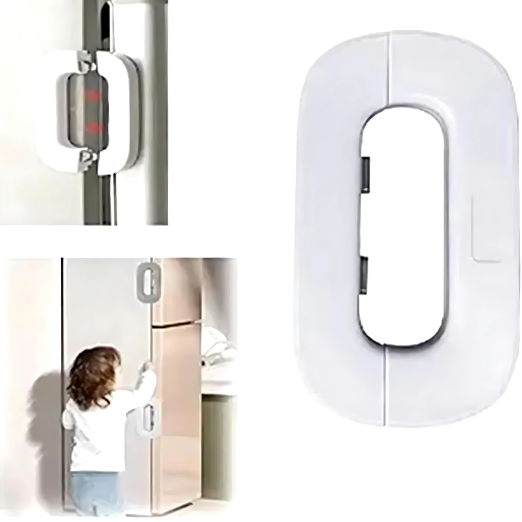 Child safety lock on a door with a child testing it