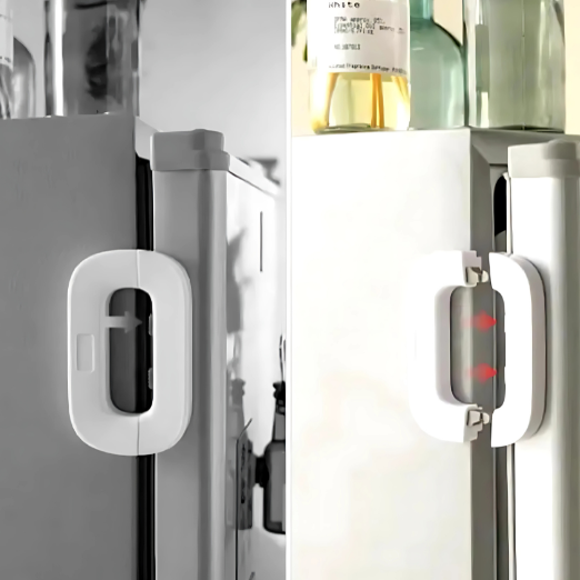 Child safety lock on a door with a child testing it