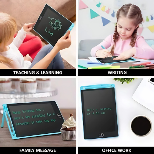 Collage of a child using a digital drawing tablet for teaching, writing, family messages, and office work.