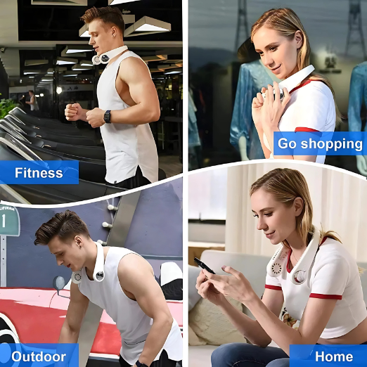 Collage of a person wearing a white shirt with a neck strap in various settings labeled 'Fitness', 'Outdoor', and 'Home'.