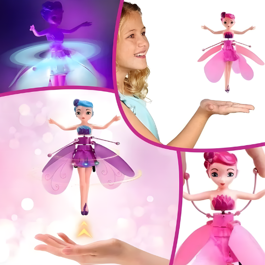 Collage of flying fairy dolls with a girl and hands holding them against 