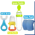 Collection of baby care products including a spoon feeder, soft U-brush, fruit pacifier, and knee pads