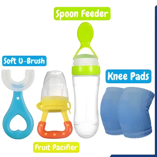 Collection of baby care products including a spoon feeder, soft U-brush, fruit pacifier, and knee pads