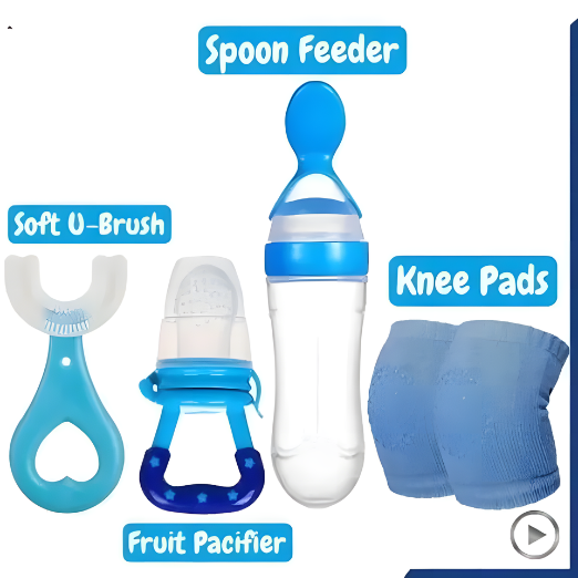 Four colorful baby feeding spoons with clear handles