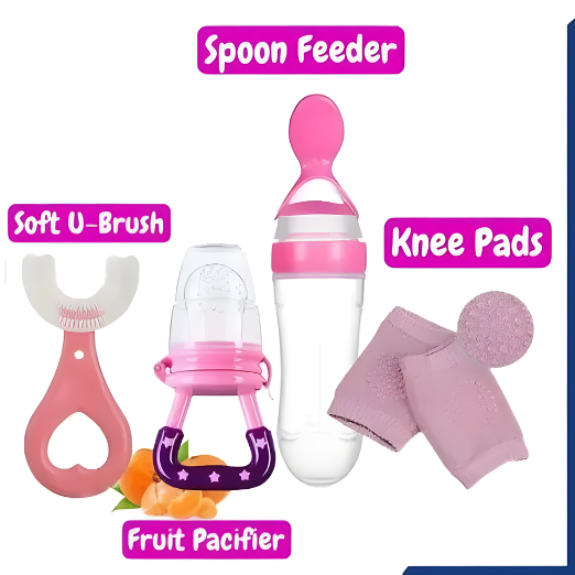 Collection of baby care products including a spoon feeder, soft U-brush, fruit pacifier, and knee pads on a white background.