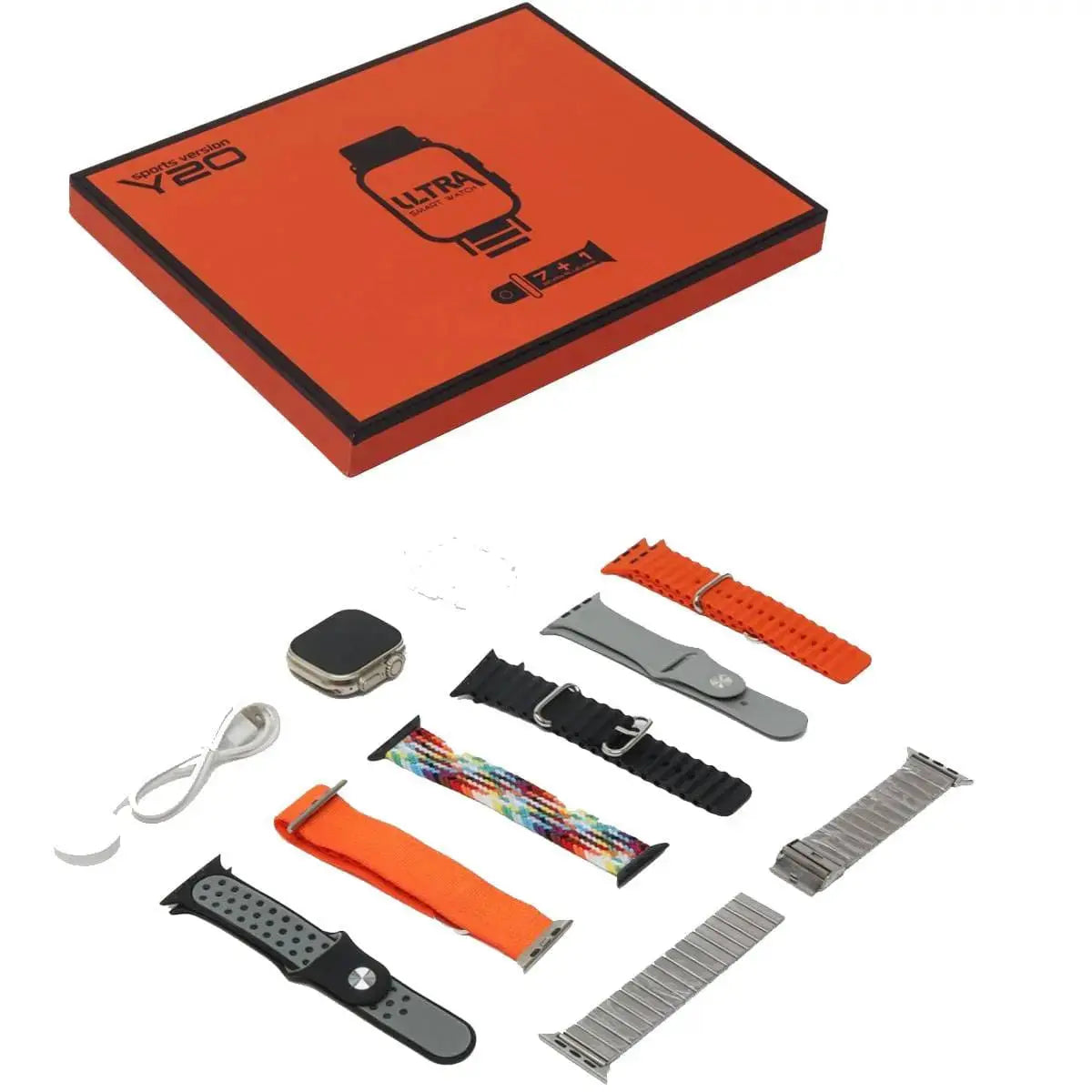 Collection of watch straps and accessories on a white background with an orange box.