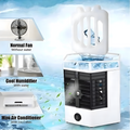Comparison of a normal fan, cool humidifier with water, and mini air conditioner with ice cubes on a blue gradient background.