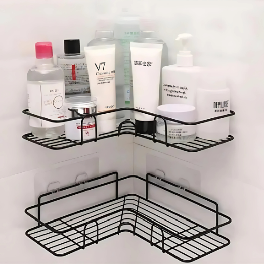 Corner shower caddy with various bottles