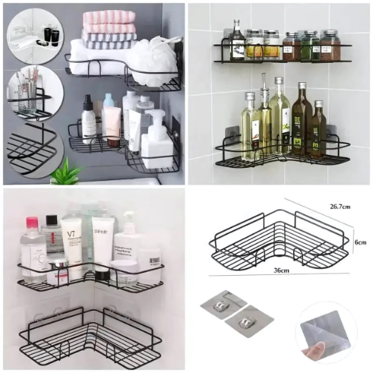 Corner wire shelves in various settings with products and dimensions shown.