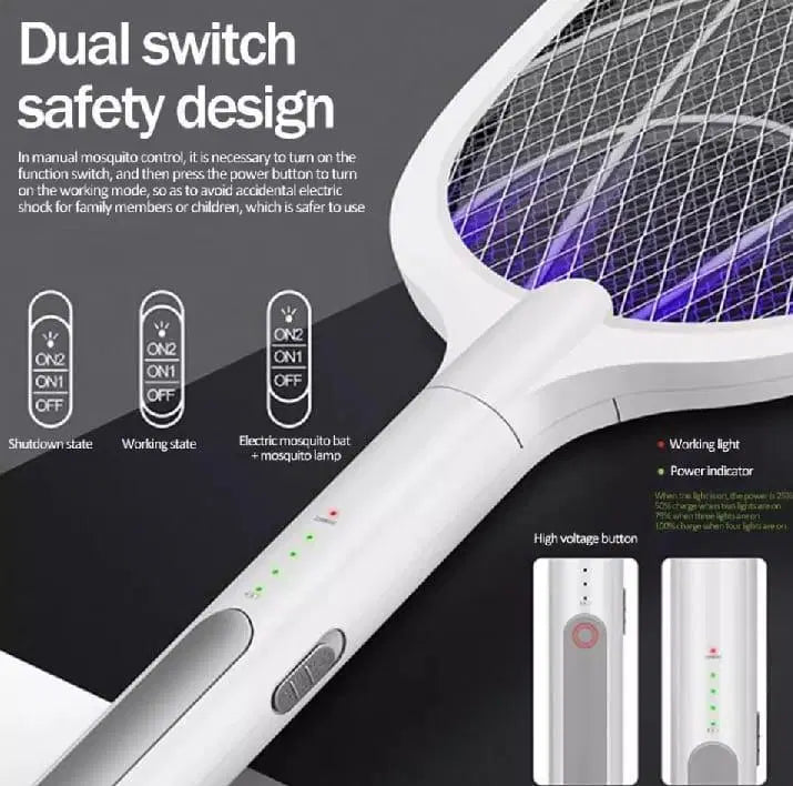 Electric mosquito racket with dual switch safety design
