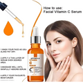 Facial vitamin C serum with application instructions and a woman's face.
