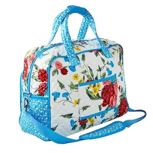 Floral patterned bag with blue accents on a white background