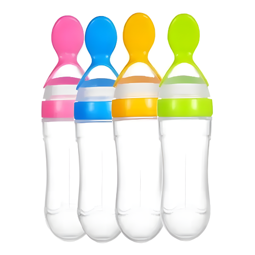 Four colorful baby feeding spoons with clear handles