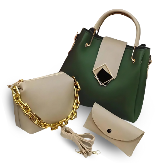 Two handbags, one green and one beige with gold chain,