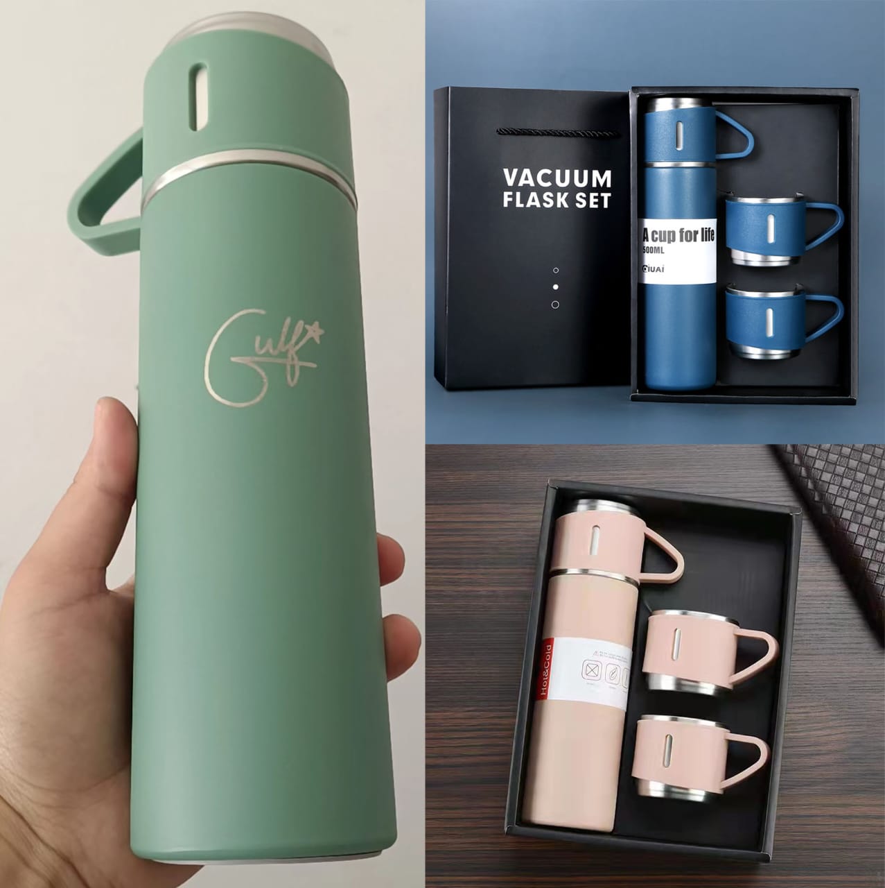 Green vacuum flask held by a hand, with pink flask set in a box on a wooden surface.