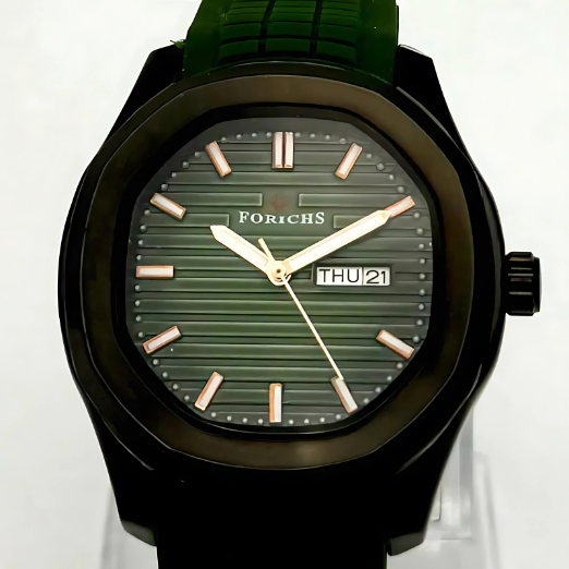Green watch with green strap and green dial on a white background