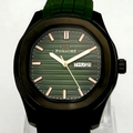 Green watch with black case on a white background
