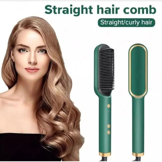 Black hair straightening comb with rose gold accents