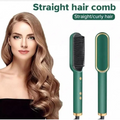 Hair straightening comb with a woman displaying styled hair on a white background