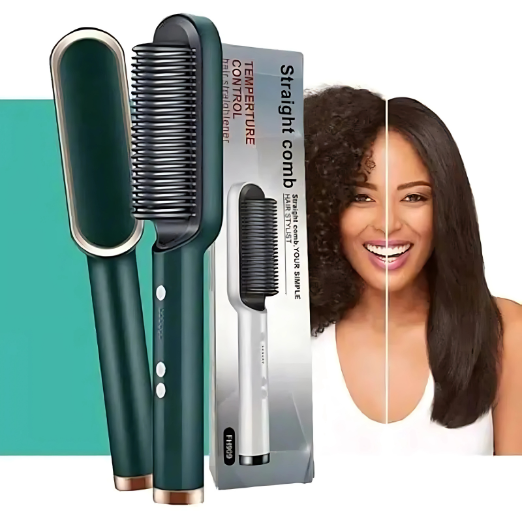Hair straightening comb with packaging and a woman with straight hair