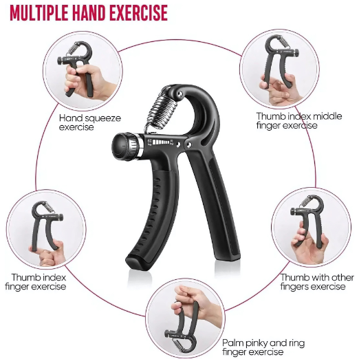 Hand grip exerciser with various exercise illustrations