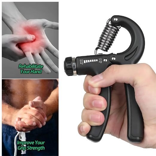 Hand grip strengthener being used with text indicating hand rehabilitation and grip strength improvement.