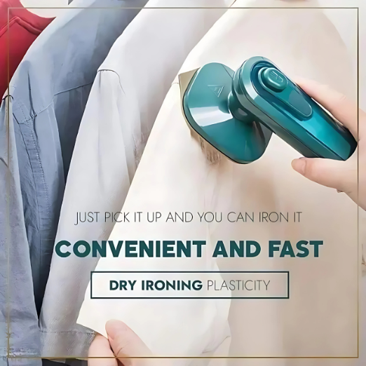 Hand holding a green handheld iron against a shirt with text highlighting convenience and speed.